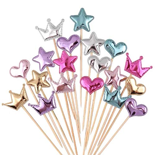 Coriver 75 peças Toppers Cupcake Muffin Decoration Star Heart Crown Cupcake Toppers Happy Birthday Cake Decoration Shiny Color Sticks for Kids Party Birthday Wedding Supply