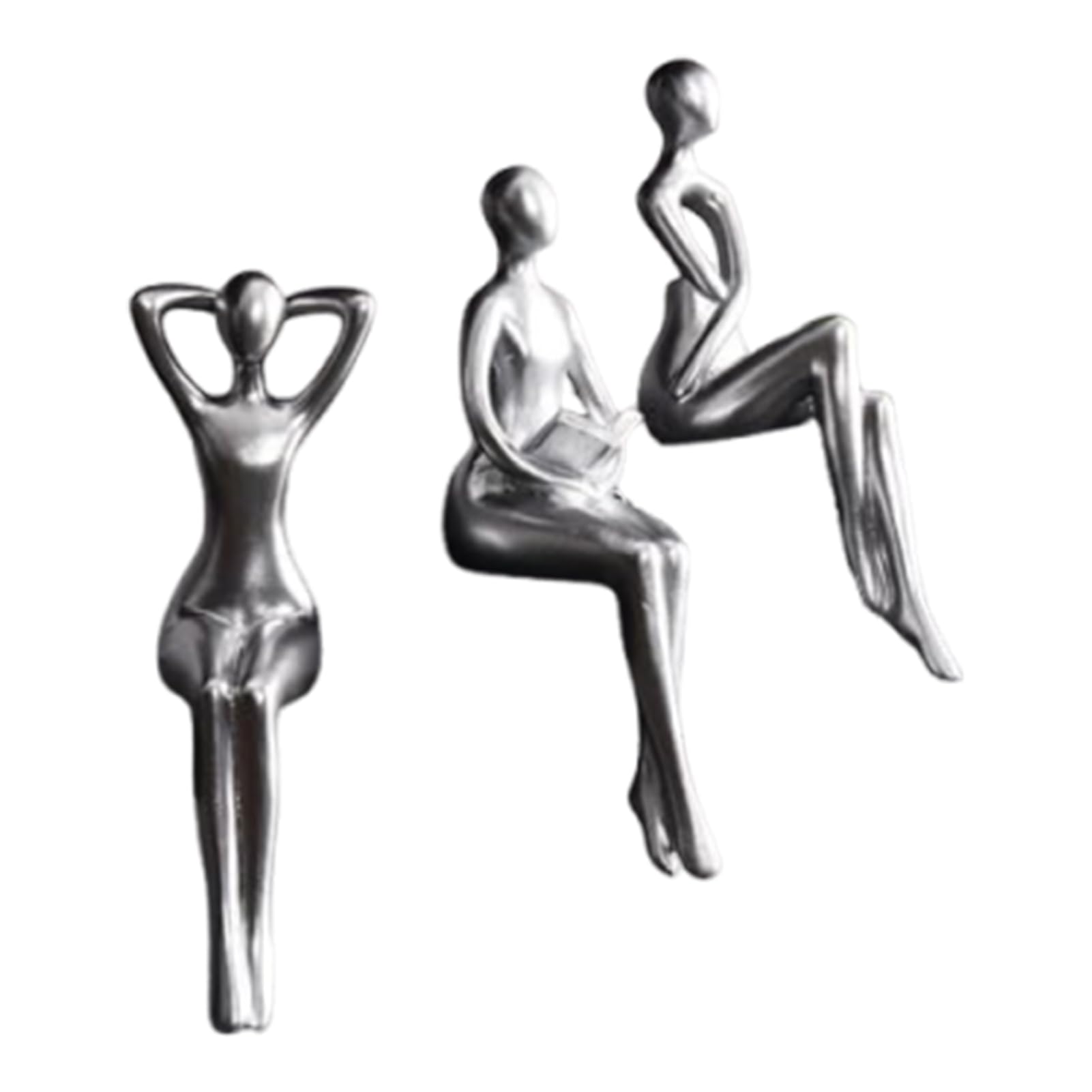 pidodou 3 Pcs Abstract Resin Reading Women Figurines, Sitting Thinker Sculpture Statue Decor for Living Room Office Bookshelf Silver Onesize