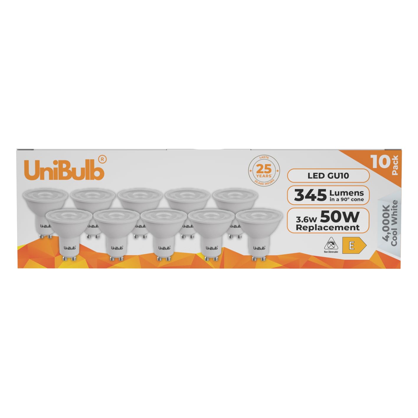 Unibulb GU10 3.6W LED Spotlight Light Bulb, 345 Lumens, 4000K Cool White, 50W Equivalent, 25,000hr Life, Non-Dimmable, Pack of 10