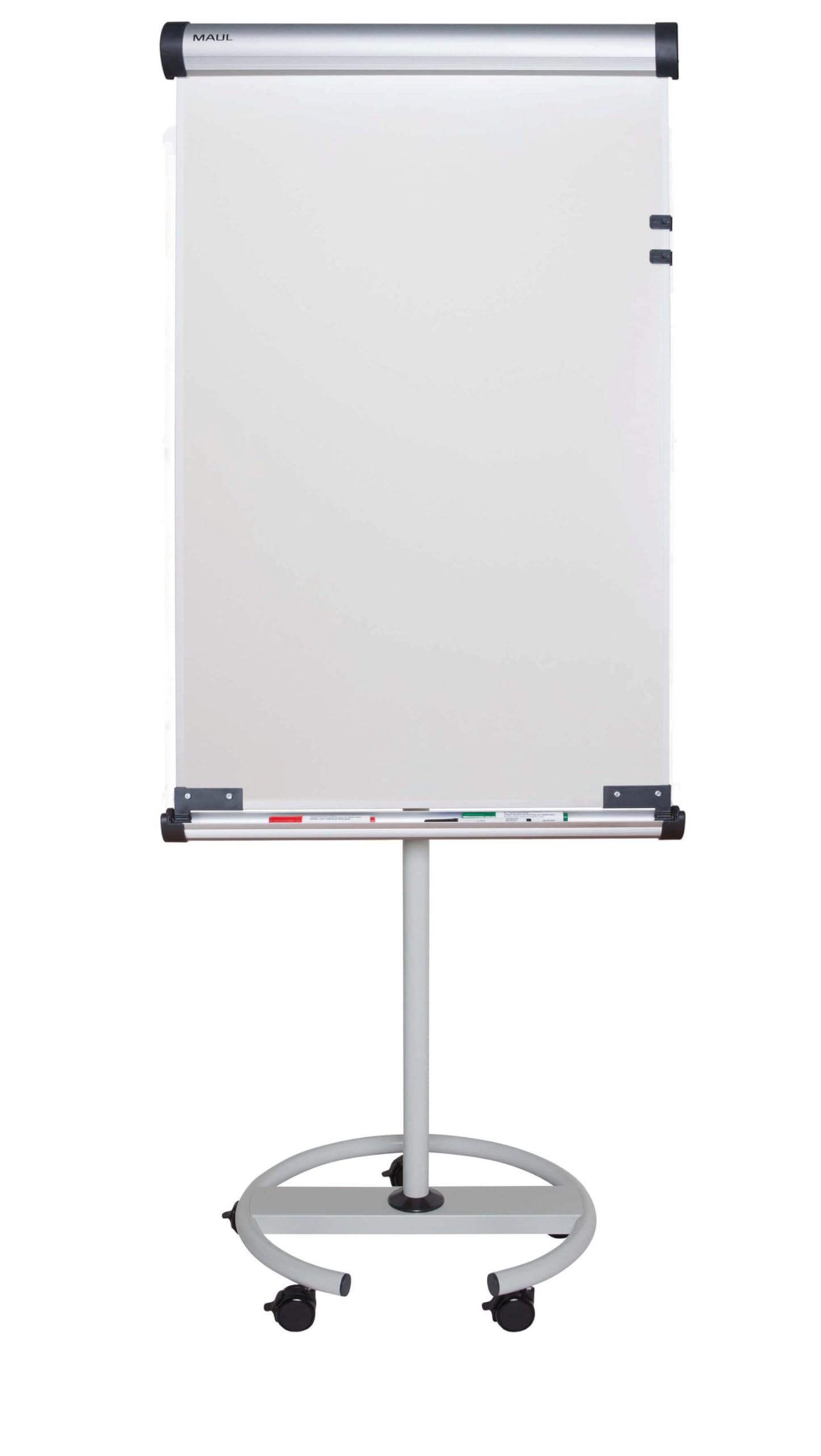 MAUL Flipchart MAULsolid flip2use 66x97cm | Mobiles Whiteboard mit 5 Fußrollen und Rundfuß | Drehbare Tafel mit Blockhalter und großer Ablageschale für Marker | Hoch- und Querformat | Grau