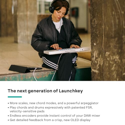 Image of Novation Launchkey Mini 37 MK4 White - Portable 37 Mini-Key, USB, MIDI Keyboard with DAW Integration. Chord & Scale Modes, 16 Drum Pads, Arpeggiator, & Includes Music Creation Software Bundle | 37 Mini Synth Keys, 16 Velocity-Sensitive Rgb Pads, 8 Encoders, Generative Arpeggiator