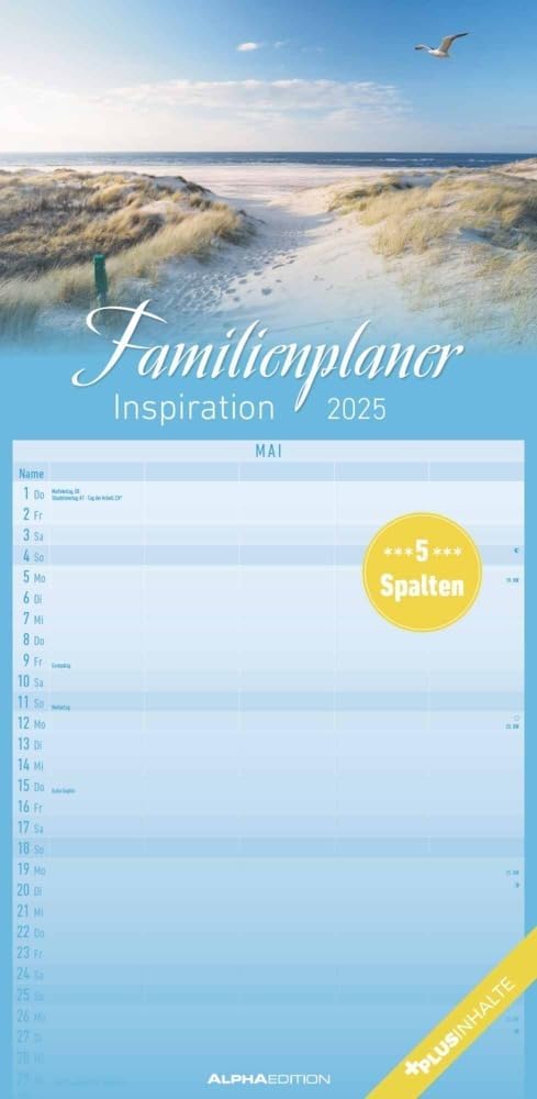 Alpha Edition - Family Planner Inspiration 2025 Family Calendar, 22 x 45 cm, Calendar with 5 Columns for Appointments, 100-Year and Pollen Flight Calendar, German Calendar and Holiday Dates DE/AT/CH
