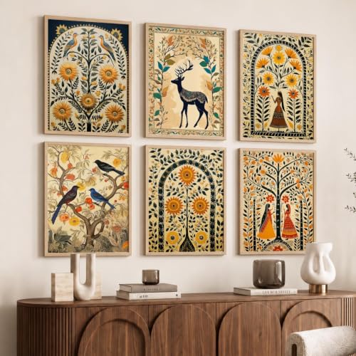 Image of kotart Premium Digital Madhubani Art Paintings with Frame for Home Decor - Framed Painting Living Room Bedroom Office - Wall Decoration - Pack of 6 (14X20 Inch, C)