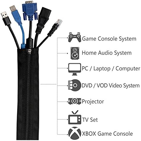 Cable Management Sleeve, Hikig Cord Organizer System - 19.5" Portable Nylon Cable Sleeve with Zipper, Wire Cover, Cable Wrap, Cord Sleeves for TV, Computer, Office, Home Entertainment, 4 Pack - Black