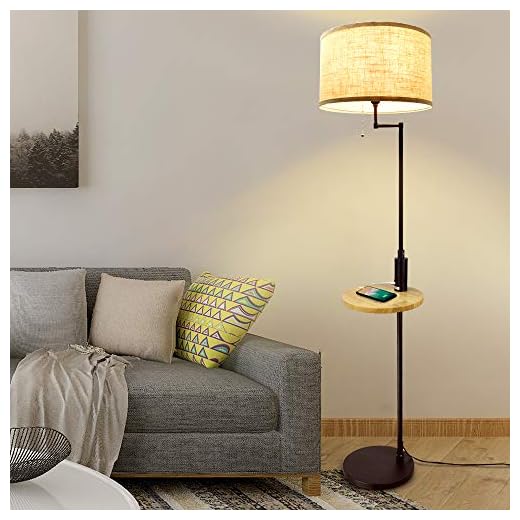 DLLT Living Room LED Floor Lamp- Standing Accent Light with USB Charging Port, Energy Saving, Tall Pole Lighting with Beside Table, Mid Century Contemporary Rooms Lamps, E26 Warm Lights,Fabric Shade