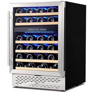 24 inch Wine Fridge Cooler, 51 Bottle – Dual Zone Built-in or Freestanding Under Counter Fridge with Stainless Steel Reversible Glass Door for Home Bar Kitchen Office