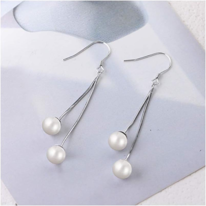 Sterling Silver Freshwater Pearl Threader Dangle Drop Earrings Threader Tassel Dangling Charm Hoop Earrings Long Chain Hook Earring Fashion Jewelry Gifts for Women - Image 3