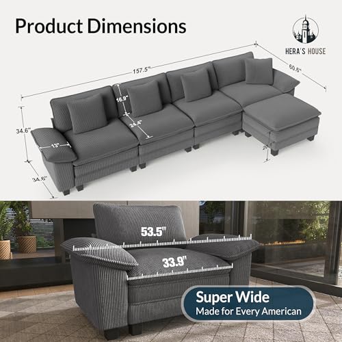 Image of HERA'S HOUSE 158 inch Oversized Modular Sectional L Shaped Sofa, Corduroy Grey | 5-Seater Living Room Couches, Wider Armrest and Deep Seat, Comfy Cloud Couch with Ottoman, Wood Sturdy Frame