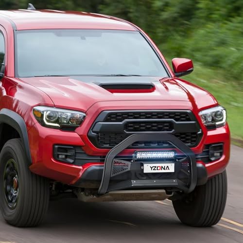 Image of YZONA Bull Bar with LED Light Bar & License Plate Frame Compatible for 2005-2015 Toyota Tacoma Front Grill Guard Grille, Truck Brush Guard, Bumper Push Bar (Include Skid Plate & Light Mount, Black)