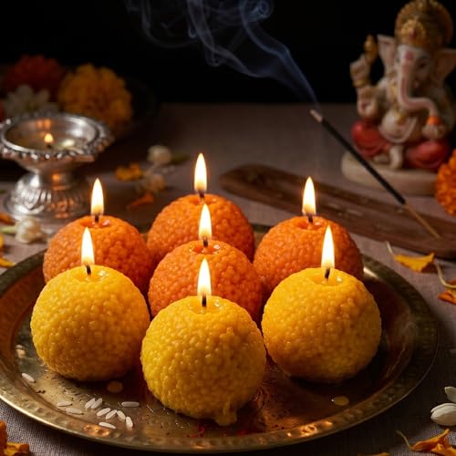 Image of Motichoor Ladoo Scented Candles with Sandalwood Fragrance, Scented Decorative Smokeless Wax Diyas for Diwali, Ganesh Chaturthi, Pooja Decor & Festive Gifting (Pack of 6)