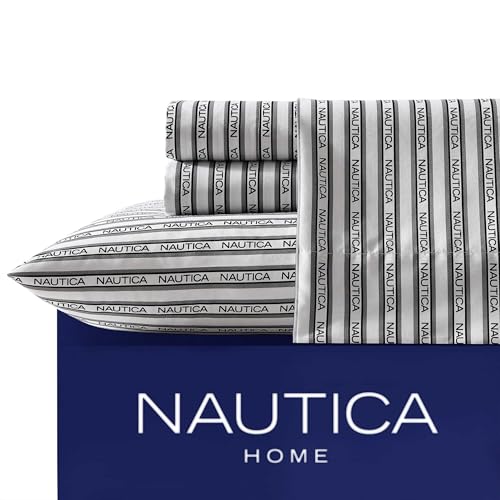 Image of Nautica - Full Sheet Set, Breathable & Cooling Microfiber Bedding with Matching Sham(s), Casual Bedding Set (Striped Nautica Logo Grey, Full)