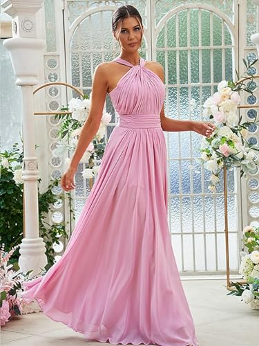 Halter Chiffon Bridesmaid Dresses for Women A Line Formal Gown Ruched Long Evening Dress with Pocket PS5314