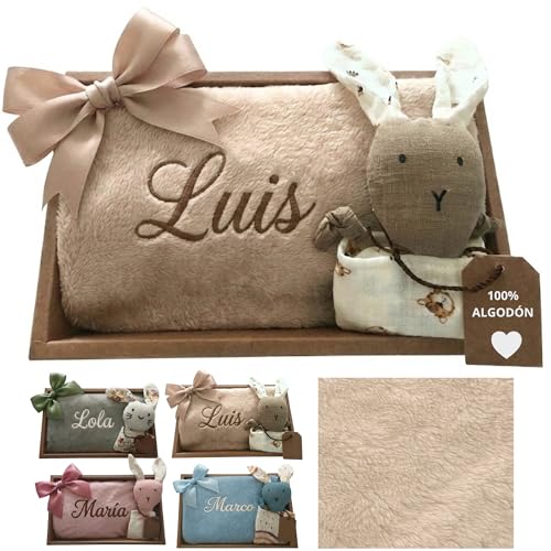 Dalvitas Manta Bebé Personalizada Nombre Bordado + Dou-Dou 100% Algodón. Regalo Recién Nacido Niño Niña - Cesta Set Canastilla Manta Suave y Peluche - Regalo Padres y Mamás Primerizas (Beige)