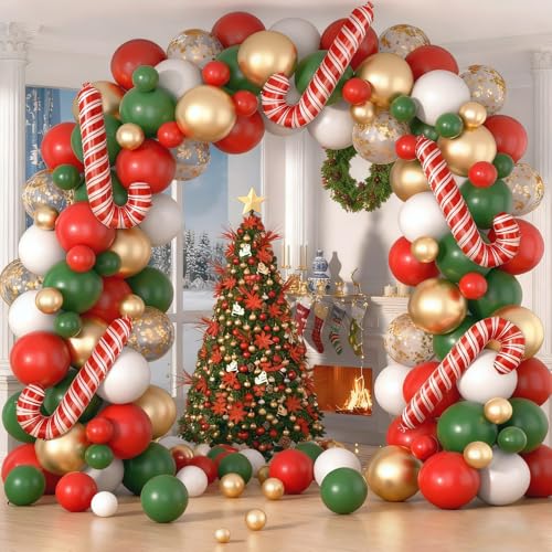 Kit de Arco de Globos Navidad, 116pcs Globo Navidad, Guirnalda de Globo Navideños Rojo Verde Blanco con Globos Bastones Caramelos y Confeti Dorado para Decoración Navideña, Decoracion Año Nuevo