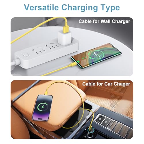 Image of USB to USB C Cable for iPhone 17 16 Type C Carplay 2Pack 10FT Cable Yellow