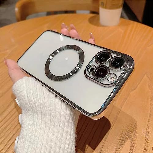 Image of VONZEE Clear Logo Electroplating Transparent Case for iPhone 14 Pro Max Case 6.7 inch 2022, Luxury Electroplated TPU Cover, Individual Camera Protection for Each Lens Bumper Case (Silver)