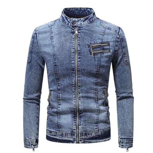 Men Motorcycle Denim Jacket Men Retro Zippers Stand Collar Denim Coats2