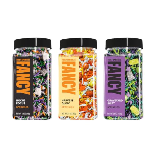 Image of Fancy Sprinkles Halloween Sprinkle Set 3 Pack (0.5c) | Hocus Pocus, Harvest Glow & Graveyard Shift | Ghost, Pumpkin & Tombstone Shaped Candy | Halloween Cake & Cookie Decorating