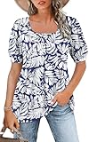 WNEEDU Tee Shirt Femme col Carré Tunique Femme Été T-Shirt Manches Courtes Chemise Fluide Plissée Hauts Chic Élegant Ample Top Feuille Blanc Marine XL