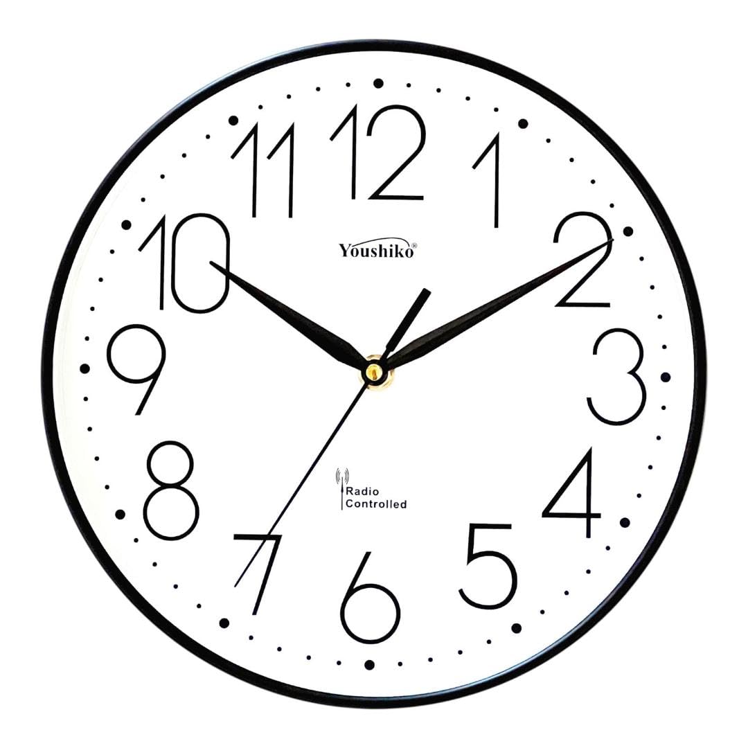 Youshiko Radio Controlled Wall Clock (Official UK & Ireland Version), Stylish Black & White Bold Classic Design (25cm / 10-Inch Diameter), Home/Kitchen/Office/School Clock, Easy to Read (Black)