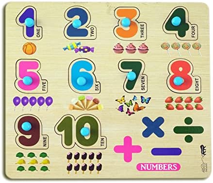 Lefan Wooden Puzzle Numbers Counting 1 to 10 Picture Learning Educational Board for Kids Puzzle for Creative Kids knob Educational Learning Wooden Puzzle Board