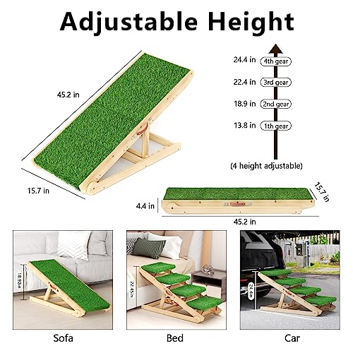 Ntr Dog Ramp, Wooden Dog Stairs With Non Slip Turf Mat & 2 In 1 Install For High Bed, Suv, Couch, 45" Long And Adjustable From 13.8" To 24.4", Portable Pet Steps Ramps For Large Medium Small Dog #TOP4
