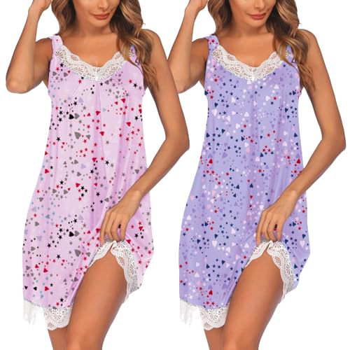 Image of Ekouaer Womens Nightgown 2 Pack Nightgown V Neck Lace Sleepwear Sleeveless Chemise Women's nightgowns & sleepshirts S-XXL