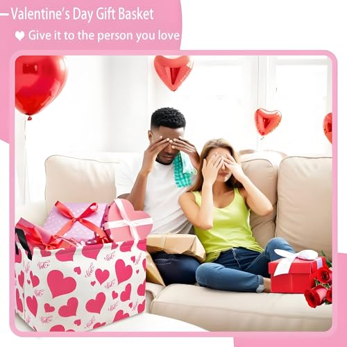 Image of Pink Valentines Day Basket for Kids Heart Shaped Storage Box for Gifts Empty Fabric Storage Bins Rectangular Toy Organizer with Handles Room Decor (Large Love)