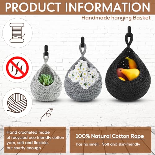 Image of Honeydak 3 Hanging Baskets, Light Grey, White, Grey, Teardrop, Cotton Rope