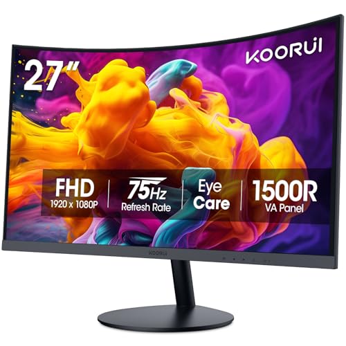 KOORUI 27 Inch Curved Monitor FHD 1080P 75Hz Computer Monitors, 1500R PC Screen with HDMI VGA, TÜV Rheinland Certified, Tilt Adjustable,1500R, Eye Care, Black, 27N5CA