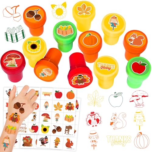 96PCS Thanksgiving Party Favors - 72PCS Pre-Cut Temporary Tattoos & 24PCS Stamps - Ideal Fall Harvest Pumpkin Autumn Themed Birthday Card Decorations Supplies Goodie Bag Baby Shower Kids Gifts Rewards