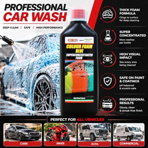 Image of MAFRA Superconcentrated PH Neutral Car Wash Blue Foam Shampoo (1L) High Visual Impact Foaming for Deep Cleaning Removes Tough Dirt, Safe on Any Paint