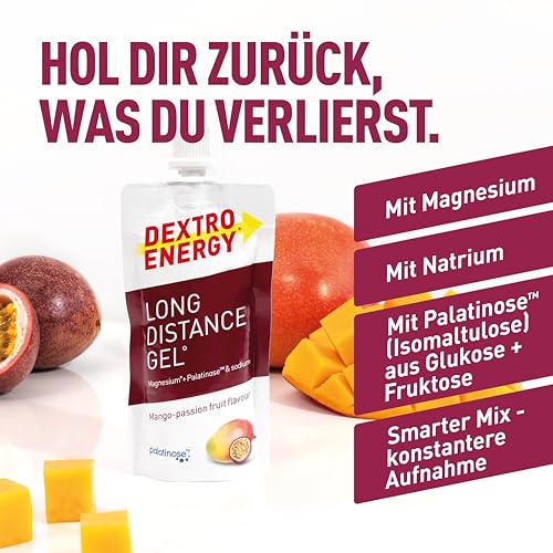 Dextro Energy Long Distance Gel Mango Passionfruit + Magnesium und Natrium - 12x50ml (12er Pack) - High Carb Energy Gel mit Palatinose und Elektrolyte