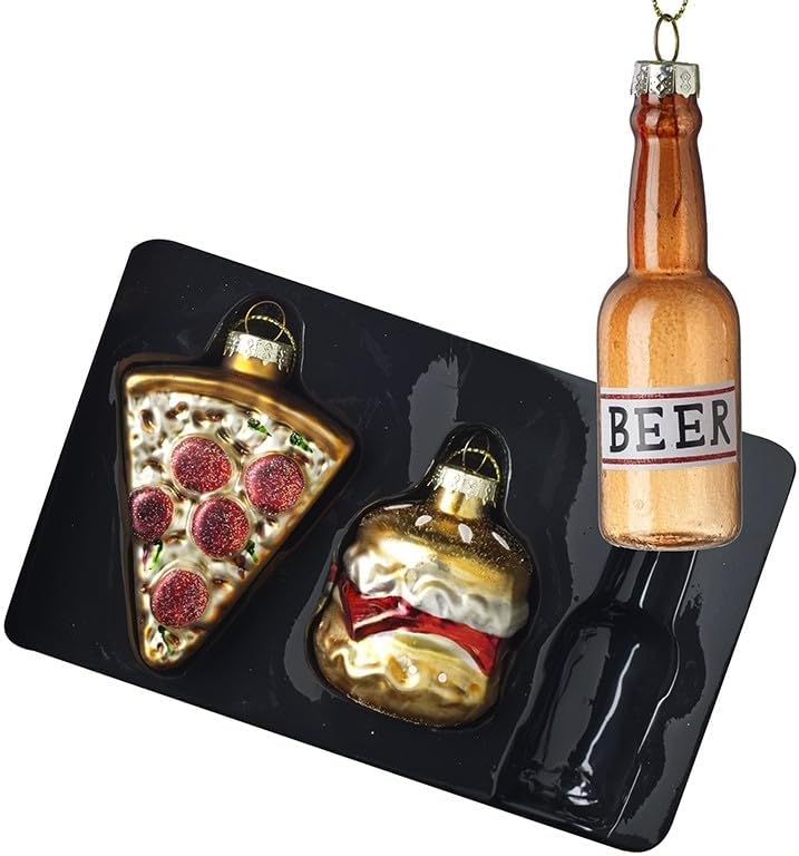 Set of 3 Beer, Pizza and Burger Christmas Hanging Decorations - Glass - Christmas Decoration For Home - Gift Idea for Christmas - Hanging Christmas Ornaments - Christmas Tree Decorations