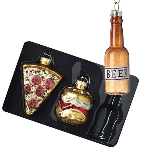 Heaven Sends Set of 3 Beer, Pizza and Burger Christmas Hanging Decorations - Glass - Christmas Decoration For Home - Gift Idea for Christmas - Hanging Christmas Ornaments - Christmas Tree Decorations