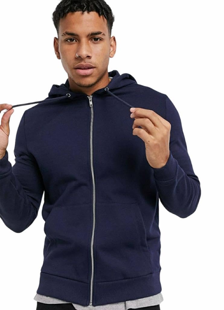 MOSAJCMen's Solid Full Sleeve Zipper Hoodies-Navy Blue
