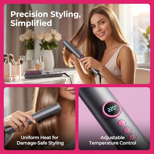 Cepillo alisador profesional iónico con aire caliente - Alisador de cabello rápido con función de chorro frío, enchufe estadounidense, pantalla LCD y protección contra quemaduras - Gris miniatura 4