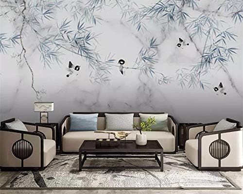Chinese Modern Marble Pattern Art Print Wall Mural, Bamboo Flowers Birds Background Wallpaper Mural, Eye Catching Eco Friendly Decoration for Shelves Workshops Cabinets-157.5x110.3 inches (WxH)
