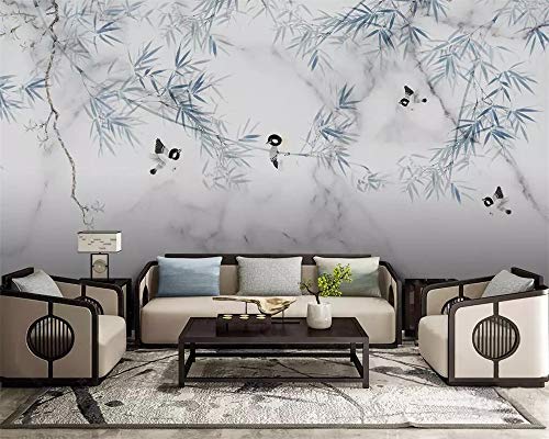 Chinese Modern Marble Pattern Art Print Wall Mural, Bamboo Flowers Birds Background Wallpaper Mural, Eye Catching Eco Friendly Decoration For Shelves Workshops Cabinets-157.5X110.3 Inches (Wxh) #TOP23