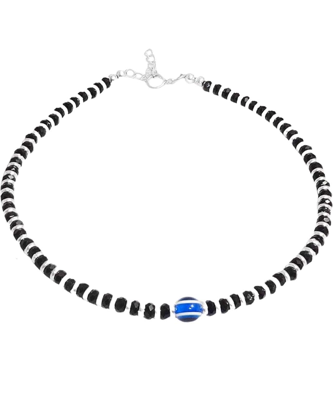 Evil Eye Anklet with Steel Chain, Black and White Beads, Adjustable Hook, Blue Accent-image-15