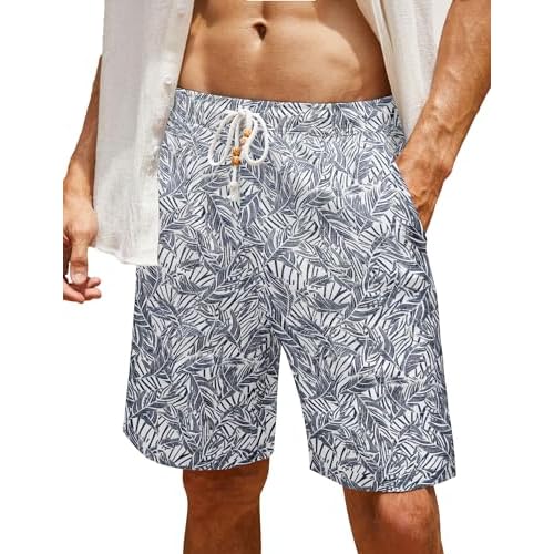 COOFANDY Men's Linen Shorts Casual Elastic Waist Drawstring Summer Beach Shorts Small Navy Leaf