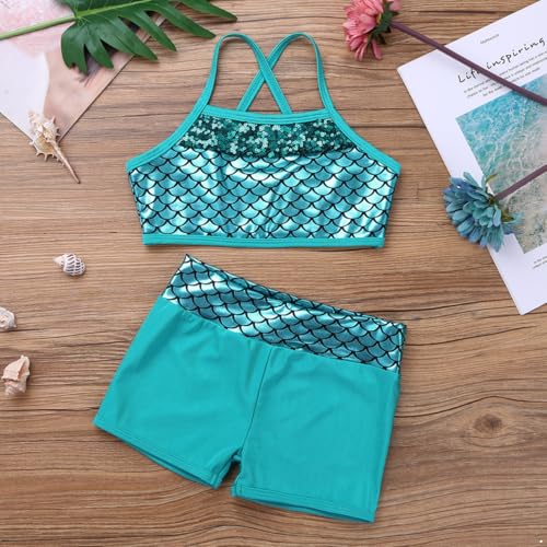 YEAHDOR Big Girls' 2 Pieces Gymnastics Dancing Outfits Crop Bra Top with Shorts Set Athletic Sports Actviewear Lake Blue Mermaid Scales 3-4 Years3