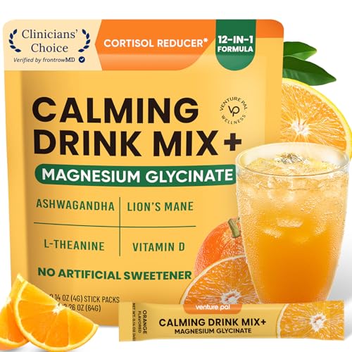 Venture Pal Calm Drink Mix, Cortisol Reducer and Sleep Aid with Magnesium Glycinate, Ashwagandha, L-Theanine,Vitamin D, Calm Magnesium Powder for Relax & Focus, No Sugar, Non GMO, Vegan & Gluten-Free