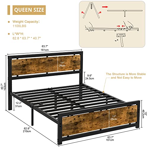 Pliwier Queen Bed Frame With Headboard, Queen Size Bed - Strong Steel Slat Support, Tool-Free Assembly, Underbed Storage Space, No Box Spring Needed, Noise Free(Queen Size - Vintage Brown) #TOP1