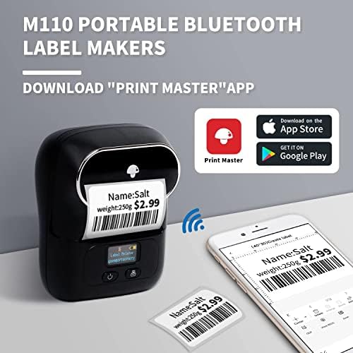 Phomemo M110 Label Printer, Thermal Bluetooth Label maker Machine, Portable Wireless for Barcode, Clothing, Jewelry, Retail, Address Compatible with Android & iOS,with 1-Roll Label