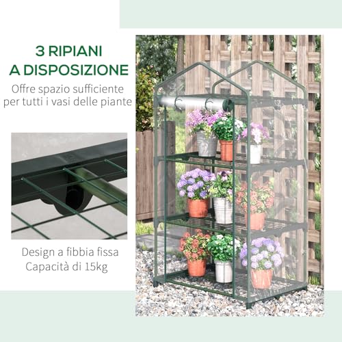 Outsunny Mini Serra Da Giardino Con Rivestimento In Plastica E Telaio In Acciaio, Serra Per Piante Con 3 Ripiani E Porta A Cerniera, 69X49X125Cm, Trasparente - 5