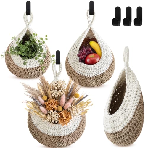 Image of Honeydak 3 Hanging Baskets, White with Light Linen, Teardrop, Cotton Rope