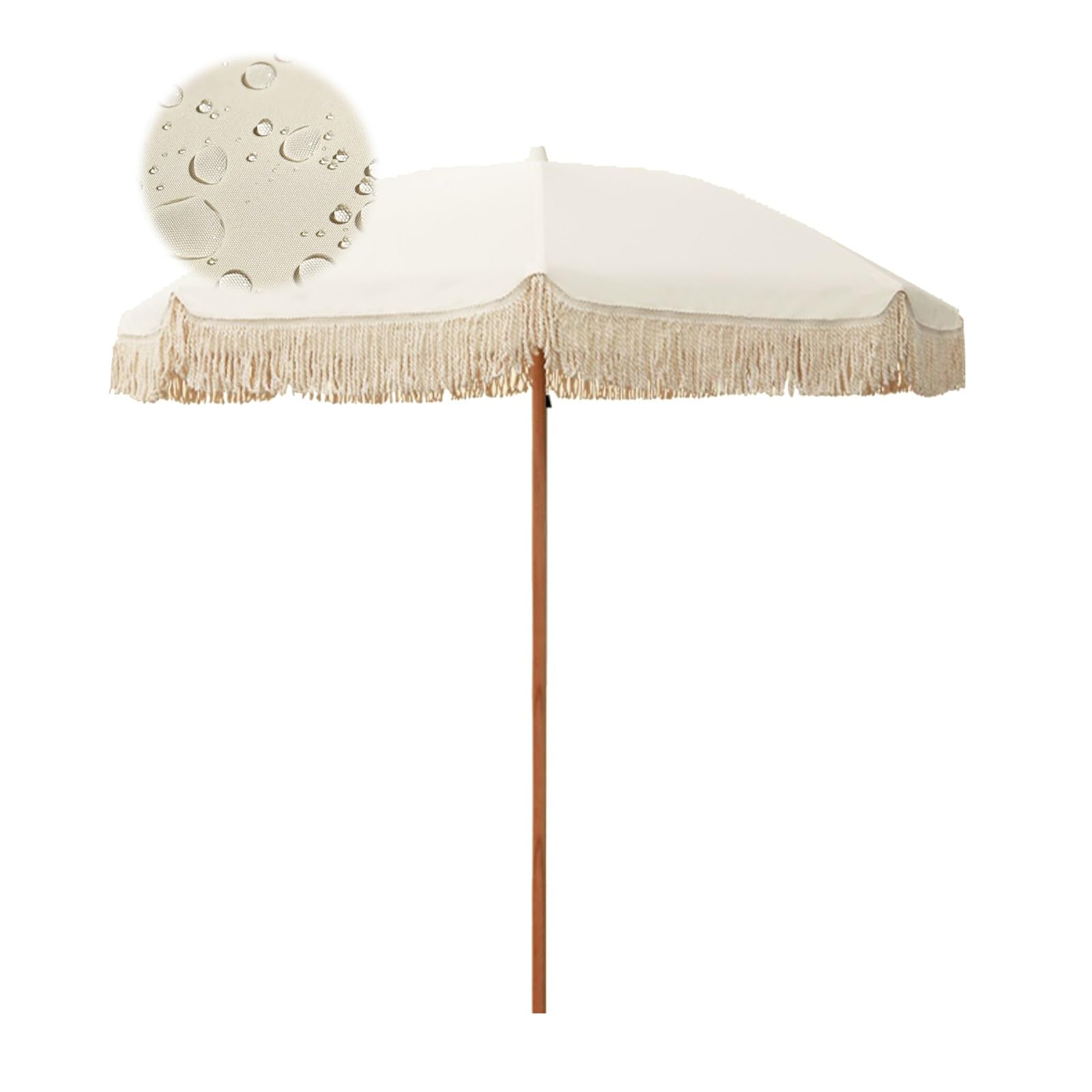 2.0m Parasol De Terrasse, Parasol De Plage Bohème En Bois Avec Ancrage, UV 50+, Baleines En Fibre De Verre, Blanc