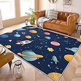 Alfombra de Pelo Corto 60x90 cm Nave Espacial Infantil Alfombra Tela de Franela Suave TPR Respaldo Antideslizante, Azul Oscuro para Salón Dormitorio Habitación para Niños