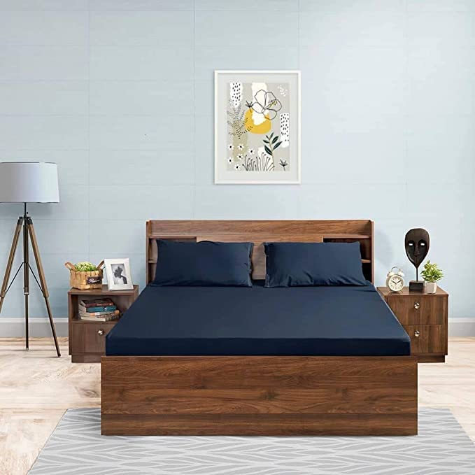 Image of Flat Bed Sheet with 2 Pillow Covers 600 Thread Count 100% Egyptian Cotton Bedsheet Double Size Navy Blue Comfortable & Durable Sheet